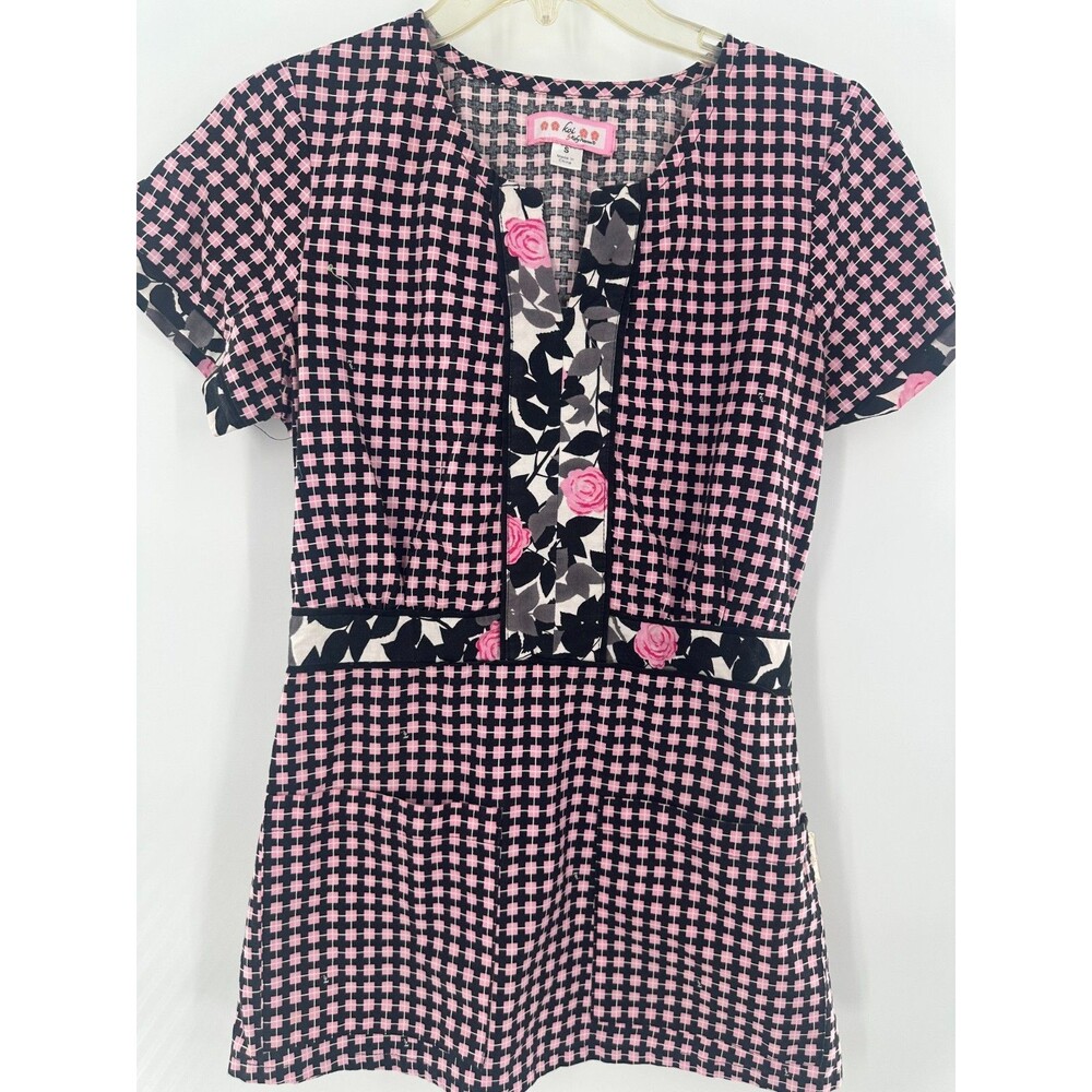 Koi Happiness Ashley Scrub Top Pink & Black Gingham Rose Floral Print Size Small